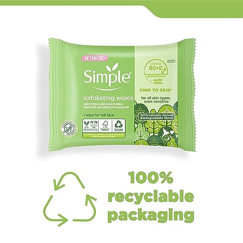Simple Kind to Skin Exfoliating Biodegradable Facial Wipes gently removes dirt, make-up and exfoliates dead skin cells for sensitive skin 20 wipe