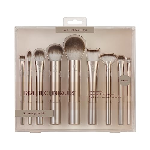 REAL TECHNIQUES Au Naturale Makeup Brush Kit, For Foundation, Powders, and Concealers, Premium Quality Face Brushes, 9 Piece Set, Gold