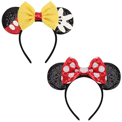 DRESHOW 2 Pack Mouse Ears Bow Headbands Glitter Party Decoration Cosplay Costume for Girls & Women
