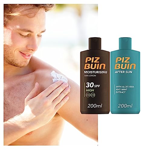 Sun Protection Bundle Includes Piz Buin Sun Lotion SPF30 200ml bundled with Piz Buin After Sun Soothing and Cooling Moisturising Lotion 200ml wit