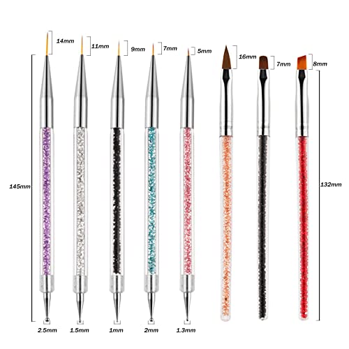 AUERVO 8PCS Nail Art Brushes, Nail Art Pens for Dotting Painting Tools Drawing Nails Brush Pen with Glitter Handle for DIY Nail Art Design