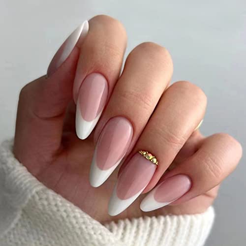JUSTOTRY 24 Pcs Stiletto False Nails Medium with Jewels,Beige French Press on Nails Pattern,Fake Nails Short with Nail Glue,Almond Stick on Nails