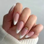 JUSTOTRY 24 Pcs Stiletto False Nails Medium with Jewels,Beige French Press on Nails Pattern,Fake Nails Short with Nail Glue,Almond Stick on Nails