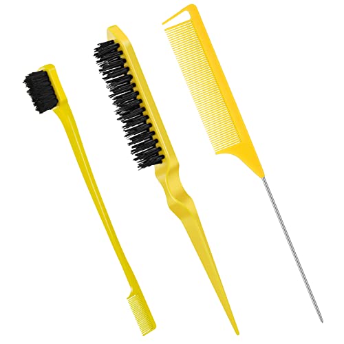 Fuyamp 3 Packs Slick Brush Set Teasing Brush Set, Plastic Bristle Hair Brush Teasing Comb Edge Hair Brush Grooming Combs Sturdy Rat Tail Comb Dou