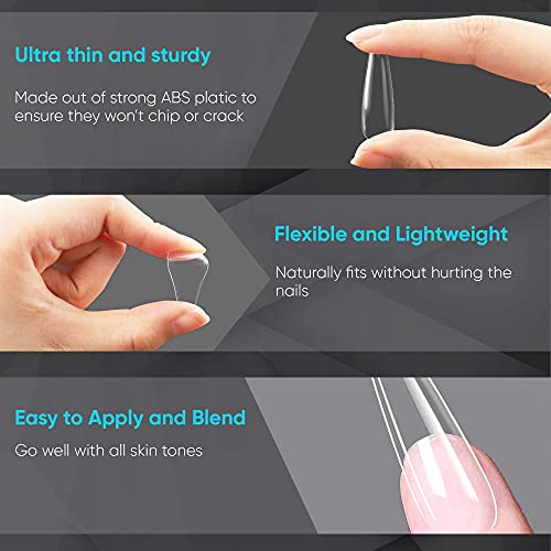 Husnshud False Nails - Set of 100 Full Cover Length Clear Nail Tips - Ballerina Fake Nails with File