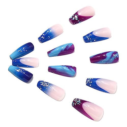 Brishow Coffin False Nails Long Fake Nails Sequin Press on Nails Blue Purple Marble Ballerina Acrylic Stick on Nails 24pcs for Women and Girls