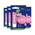 NIVEA Lip Balm Soft Rosé Pack of 4 (4 x 4.8g), Protective Lip Moisturiser with Natural Oils Enriched with Rose Extract, Caring Lip Balm for 24h M