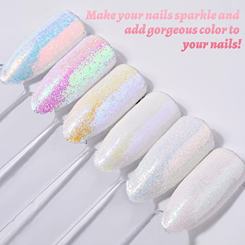 Nail Glitter Powder, 6 Color Chrome Nail Powder Aurora Pearl White Nail Powder Holographic Mermaid Mirror Effect Glitter Sequins for Nail Art Dec