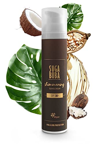 SugaBuba Shimmering & Moisturising Sunscreen SPF 30 for Dark Brown Tan and Glowing Hydrated Skin, 6 Bio Oils for Natural Sun Protection and Hydra
