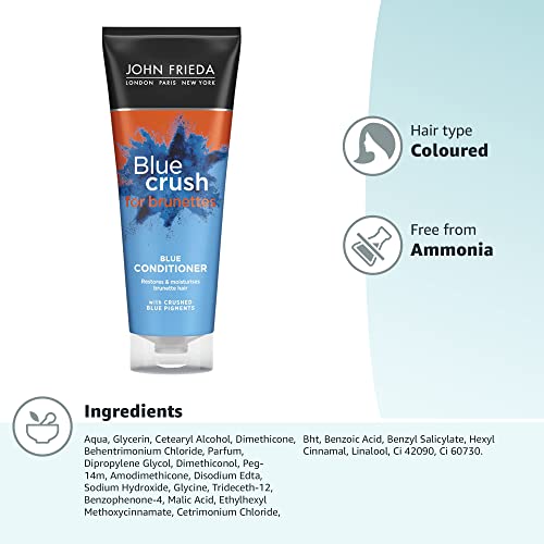 John Frieda Blue Crush Blue Conditioner 250 ml, Toning Conditioner for Brown Hair, Anti-Brass Conditioner for Brunettes with Crushed Blue Pigment