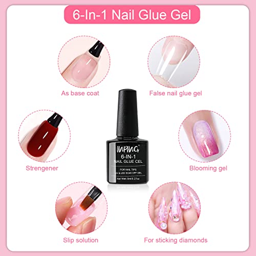 INPING Gel Nail Glue, 2PCS 8ML Nail Glue 6-In-1 False Nail Tips Gel Glue Kit Extra Strong Nail Bond Nail Glue Gel for Nail Extension Tips/Acrylic