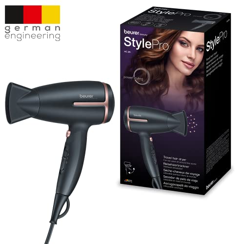 Beurer Style Pro HC25 Travel Hair Dryer,Lightweight Portable Hairdryer,Dual Voltage 110-120/220-240 V (1200/1600 Watts)For Worldwide Use,Ion Func