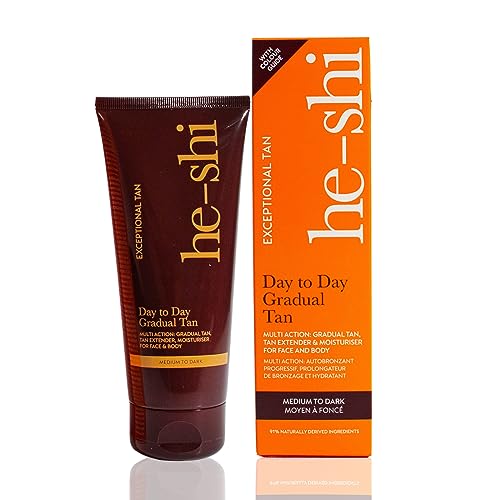 He-Shi Day to Day Gradual Tan Moisturiser - Easy Application Self Tanning Lotion - Natural Gradual Fake Tan with Vitamin E - Vegan & Cruelty Free