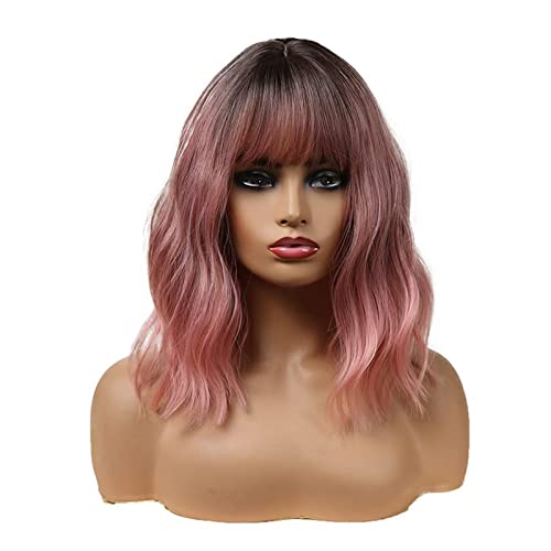 Esmee Short Wave Pink Bob Wigs With Bangs Shoulder Length Wig Curly Wavy Synthetic Cosplay Wigs for Women-12 Inches