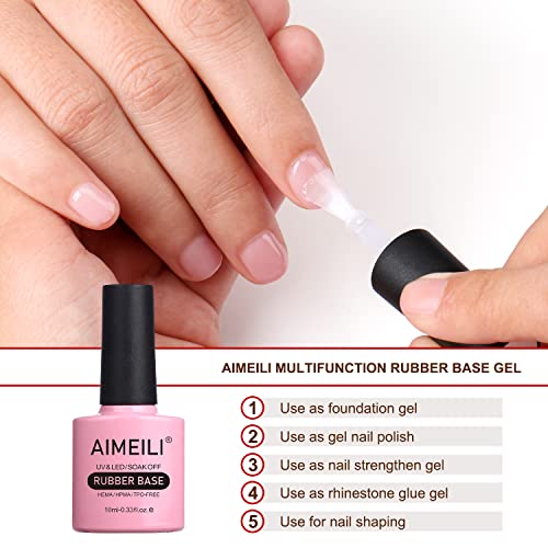 AIMEILI 5 in 1 Rubber Base Gel For Nails, Clear Gel Nail Polish UV LED Soak Off, Elastic Rubber Base Coat Nail Strengthener Nail Rhinestones Glue