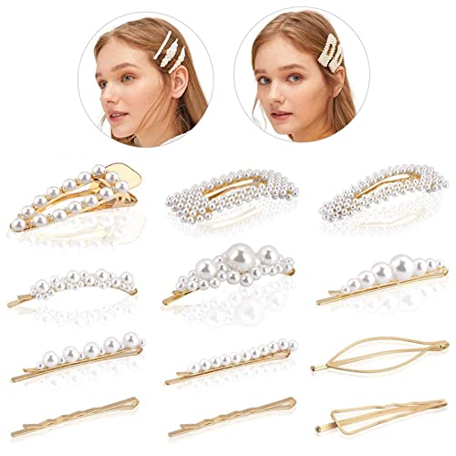 Makone Pearl Hair Clips 12 Pcs, Fashion Pearls Hair Barrettes, Hairpin Combination Hair Accessories for Women Girls