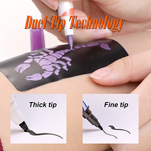 HAWINK Temporary Tattoo Markers for Skin, 10 Body Markers + 20 Large Tattoo Stencils for Kids and Adults, Dual-End Tattoo Pens Make Bold and Fine