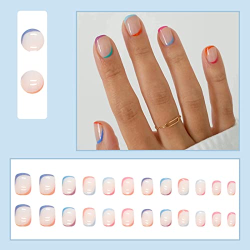 JUSTOTRY 24 Pcs Pastel Square Short False Nails,Multi Colour French Press on Nails Pattern, Cute Fake Nails Medium with Nail Glue,Rainbow Stick o