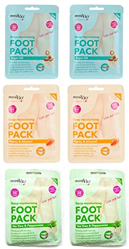 Derma V10 Foot Pack Mask (6 Pack) Deep Moisturising (Tea Tree & Peppermint, Honey & Almond, Argan Oil)