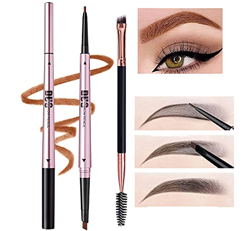 Mihqy 2 PCS Eyebrow Pencil Waterproof with Brow Brush, Dual Ended Eyebrow Pen, Automatic Makeup Cosmetic Tool(Dark Brown)