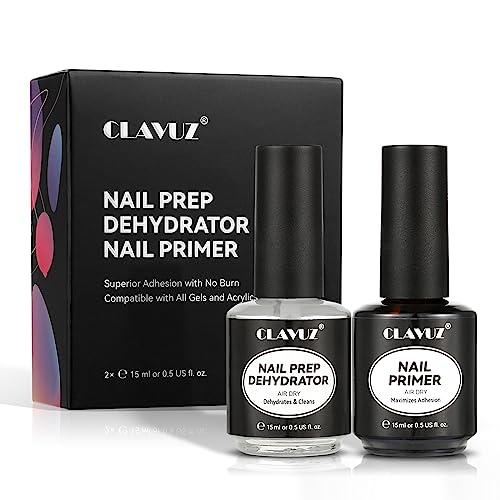 CLAVUZ 2Pcs Nail Prep Dehydrator & Nail Bond Primer Set, Gel Nail Polish Primer, Air Dry Superior Bonding Primer for Acrylic Powder Nail Supplies