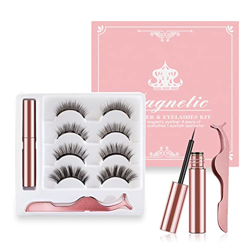 Magnetic Eyelashes,Magnetic Eyeliner and Lashes Kit have Soft Reusable Waterproof Long Lasting 4 Pairs of 3D Magnetic Eyelashes Natural Look No G