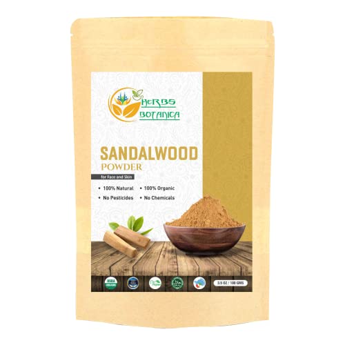 Herbs Botanica Chandan (Sandalwood) Powder Organic 100gm / 3.52 oz For Skin, Face Pack, Face Mask, Worship Tilak, Auspicious Occasions 100% Natur