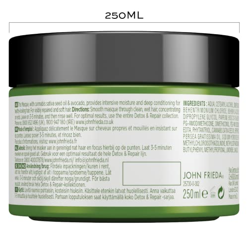 John Frieda Detox & Repair Masque 250 ml, Intensive Deep Conditioner for Dry, Stressed and Damaged Hair, Nourishing Hair Mask with Cannabis Sativ