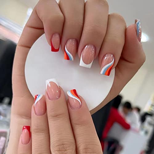 JUSTOTRY 24 Pcs Pastel Square Short False Nails,Multi Colour French Press on Nails Pattern, Cute Fake Nails Medium with Nail Glue,Rainbow Stick o