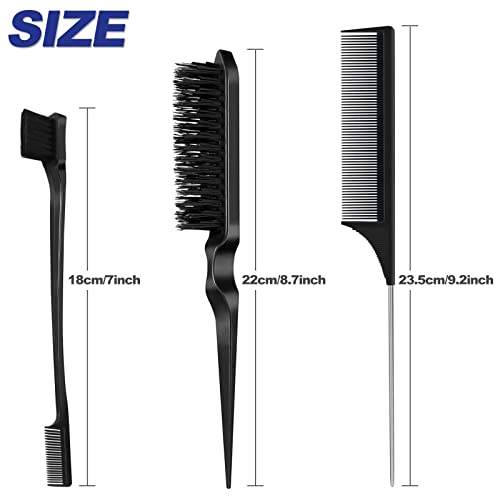 Qufiiry 3Pcs Slick Back Hair Brush Set, Double-Sided Edge Brush, Hard Bristle Brush and Rat Tail Hair Comb, Teasing Hair Edge Brushing, Slicking