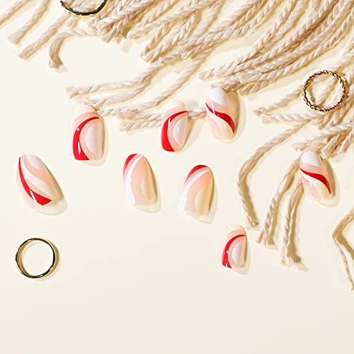JUSTOTRY 24 Pcs Fake Nails Short, Red and Yellow Swirl Press on Nails with Designs, Glossy Pink French False Nails Short, Stick on Nails for Wome