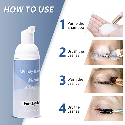 Eyelash Shampoo for Eyelash Extension Cleanser 60ml Eyelash Foam Cleanser Lash Cleanser Makeup Remover with Soft Brush and Eyelash Mascara Wand(L