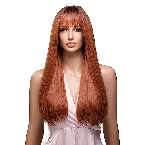 Esmee 24 Inches Long Straight Blonde Wig with Bangs Side Parting Natural Synthetic Hair Ombre Wigs for Women with Dark Roots for Daily Party Cosp