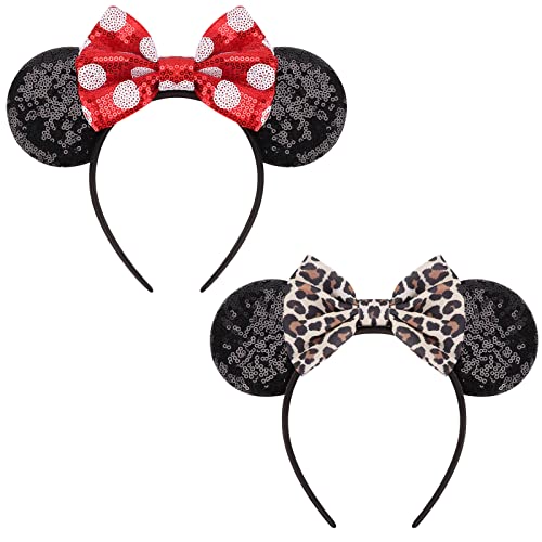 DRESHOW 2 Pack Mouse Ears Bow Headbands Glitter Party Decoration Cosplay Costume for Girls & Women