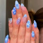 24 Pcs Blue False Nails - Colourful French Press on Nails - Fake Nails False Nails with Glue - Oval Stick on Nails for Women and Girl - Fake Nail