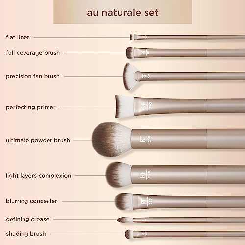REAL TECHNIQUES Au Naturale Makeup Brush Kit, For Foundation, Powders, and Concealers, Premium Quality Face Brushes, 9 Piece Set, Gold