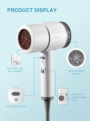Cozeemax Hair Dryer, 1600W Fast Dry Negative Ions Hair Blow Temperature Hairdryer with Diffuser Hairdryer with 2 Speeds, 2 Heating, and Cool Butt