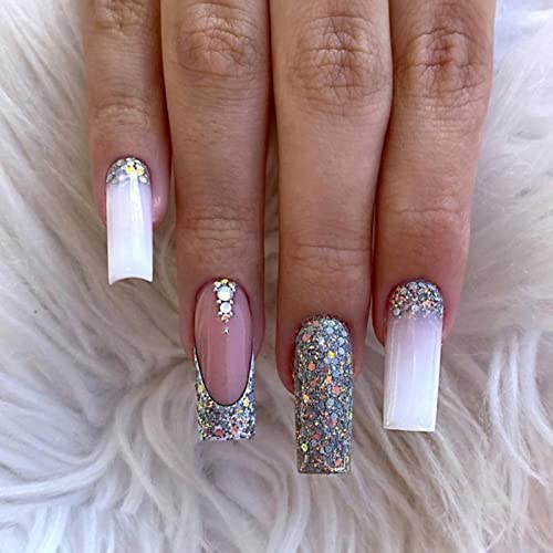 JUSTOTRY 24 Pcs Diamante Fake Nails Long, Nude French Press on Nails Patterns, Ballerina Stick on Nails for Women, Acrylic Medium Coffin False Na