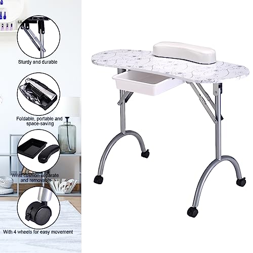 RELAX4LIFE Portable Manicure Nail Table, Folding Nail Technician Table Beauty Salon Desk with Drawer, Sponge & Carry Bag on Wheels, Professional