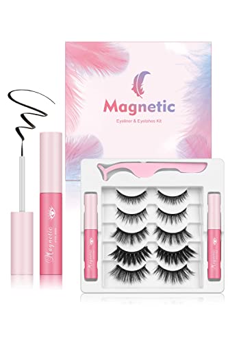 Magnetic Eyelashes,5 Pairs Upgraded Eyelashes with Eyeliner Kit,2 Tube Eyeliners with Magnetic Eyelashes Natural Look, Realistic and Soft False E