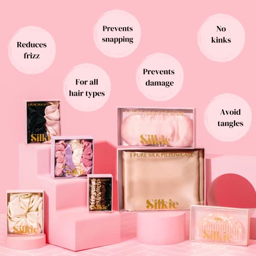 SILKIE x2 Set 100% Pure Mulberry Silk Pink Black Large Oversized Scrunchies Silk Travel Pouch Hair Ties Elastics Hair Care Premium Ponytail Holde