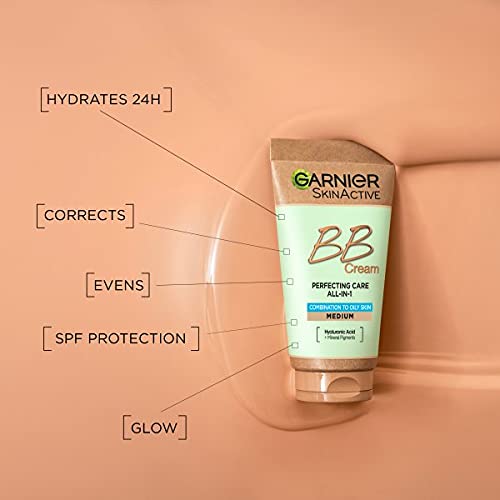 NEW & IMPROVED Garnier Oil-Free Perfecting All-in-1 BB Cream, Shade Medium, Tinted Moisturiser SPF25, Mattifies Skin & Evens Complexion, With Hya
