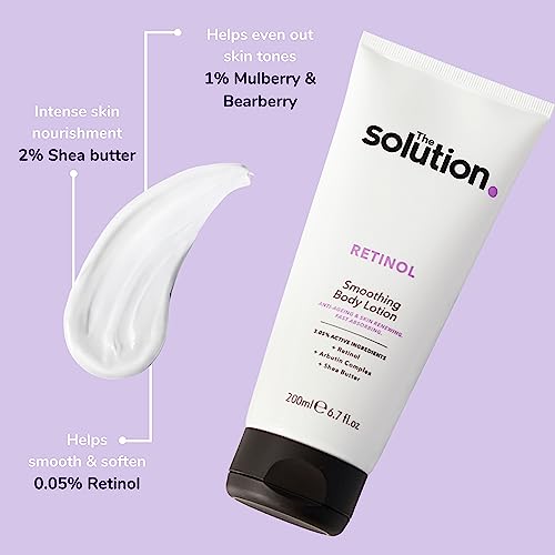 The Solution Retinol Smoothing Body Lotion With Anti-Ageing formula that targets wrinkles and renews skin With Shea Butter to Firm and Hydrate.,
