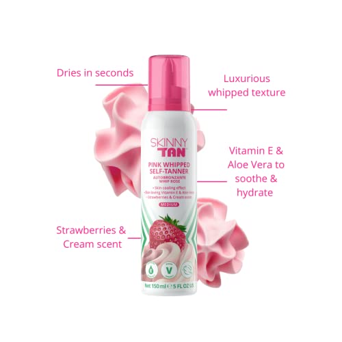 Skinny Tan Pink Whipped Self Tan - Streak Free Gradual Fake Tan Mousse for Natural Glow with Vitamin E, Strawberries & Cream Aroma, Vegan & Cruel
