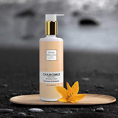 HerbOrganic Chamomile Body Lotion - 300ml - For Acne and Dry Skin - Rejuvenate and Mosturizes Skin - Sunflower Extract - Suitable to Sensitive Sk