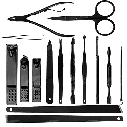JamBer Manicure Set 15 in 1 Stainless Steel Professional Nail Clippers Scissors Pedicure Set Grooming Kit for Thick Nails Cuticle Remover Toe Nai