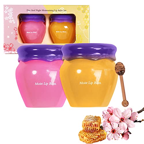Lip Sleeping Mask Lip Balm Skincare Set,Honey Sakura Moisturizing Lip Plumper Care Day Night Repair,Prevent Dry Crack,Lip Line Reducing,Clearing