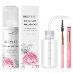 BREYLEE Lash Shampoo, 60ml+Rinse Bottle+Wand+Brush, Eyelash Cleanser for Extensions, Lash Wash, Lash Bath, Lash Cleaner, Paraben & Sulfate Free f