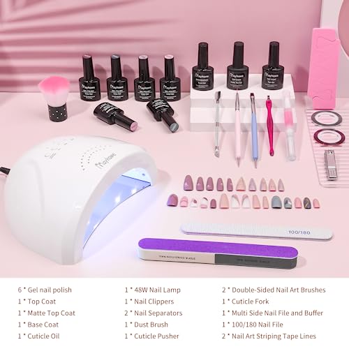 Maykawe Gel Nail Polish Set with 48W Nail Lamp Starter Kit, 6 Colors Nude Gray Pink Purple Gel Nail Polishes, Base Top Coat, Manicure Tools Acces