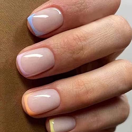 JUSTOTRY 24 Pcs Pastel Square Short False Nails,Multi Colour French Press on Nails Pattern, Cute Fake Nails Medium with Nail Glue,Rainbow Stick o